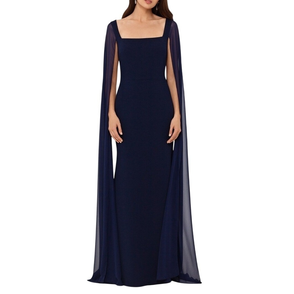 Betsy & Adam Gown Womens 16 Blue Cape Sleeve Column Formal Dress Mother of Groom